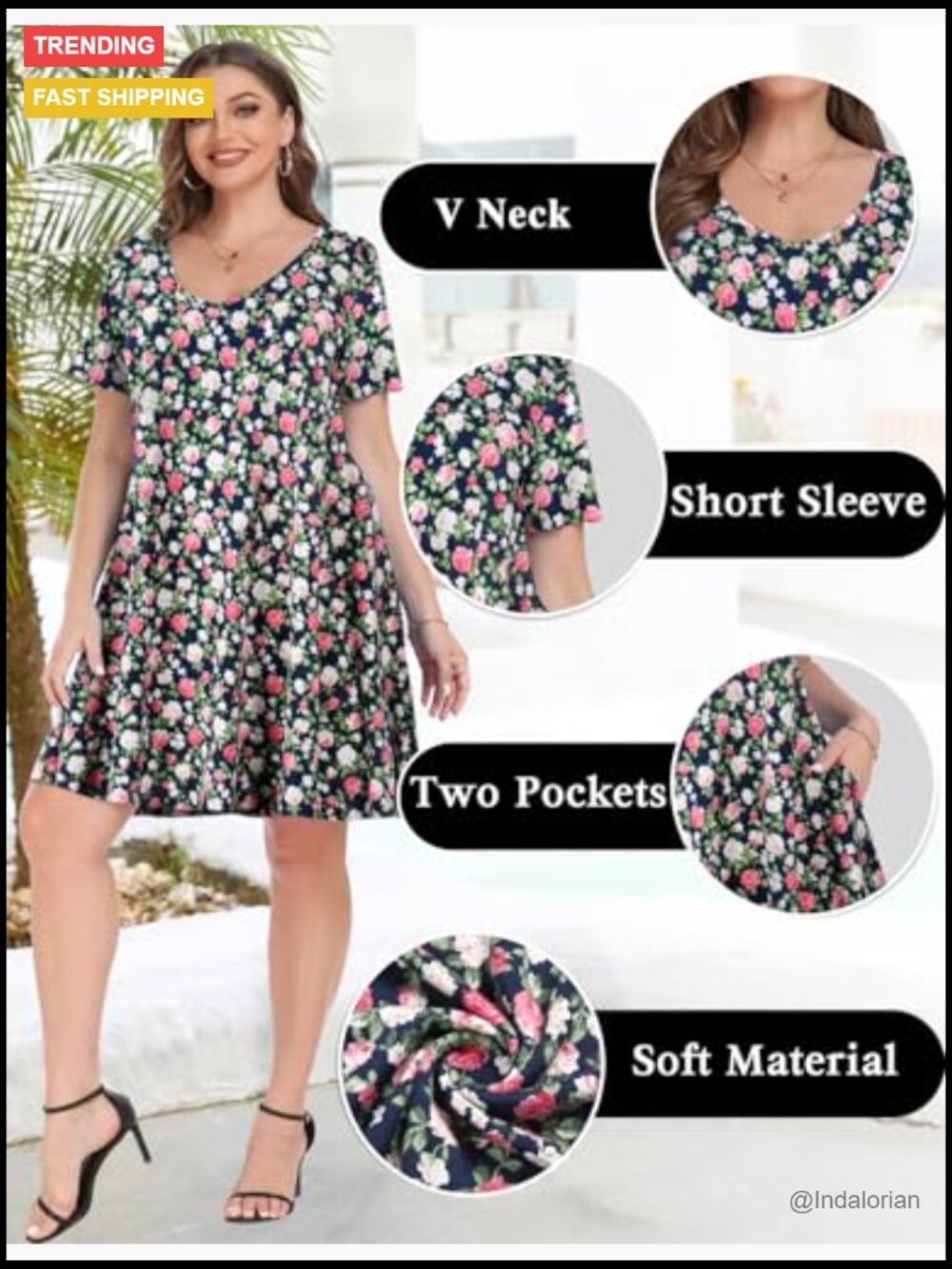 Plus Size V Neck Short Sleeve A Line Midi Sundress with Pockets - Picture 4 of 7
